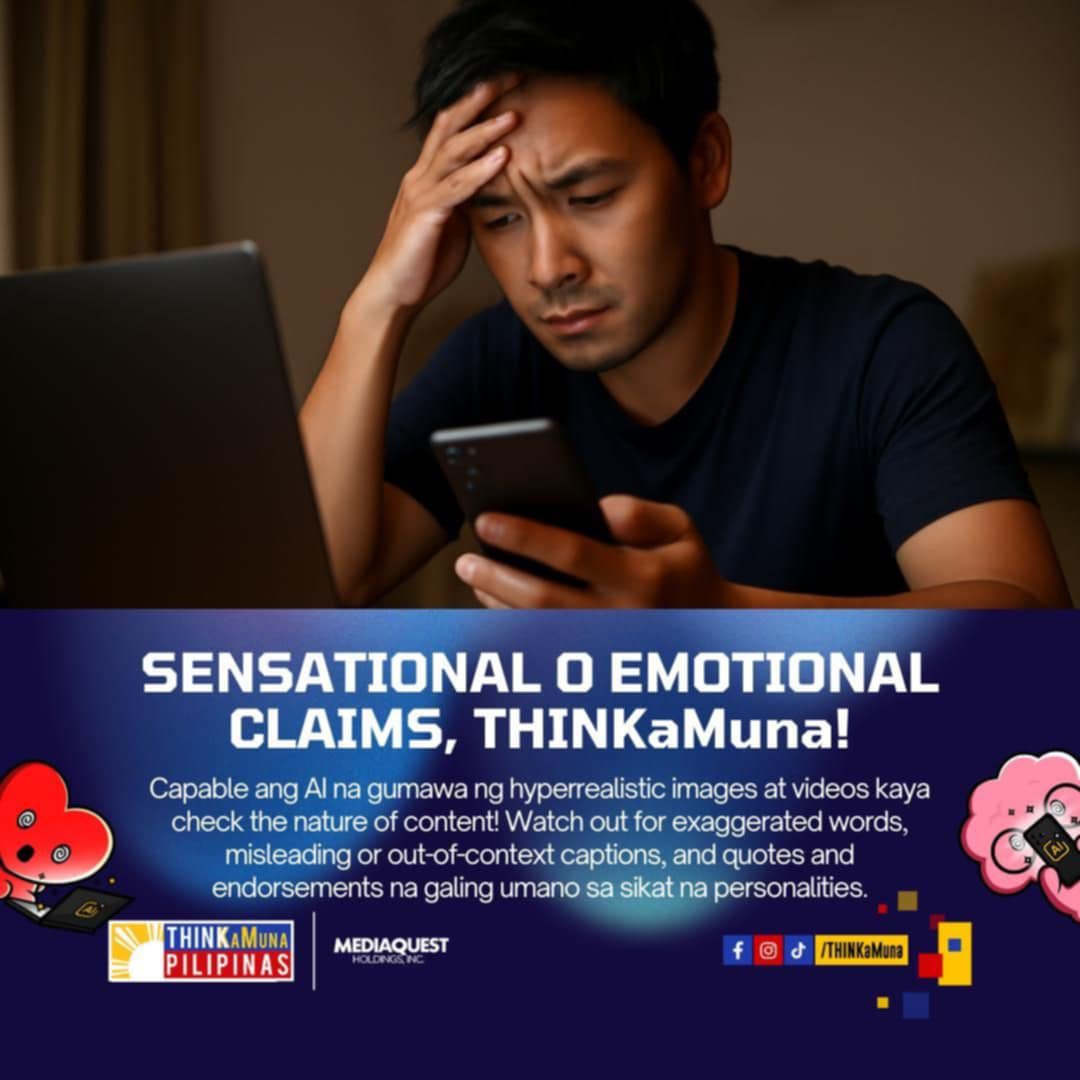 Totoo ba ‘to o gawa-gawa lang? 🤔
Hindi lahat ng nakikita mo online especially ngayong election season ay authentic. AI-generated quotes, deepfake videos, fake endorsements? Yes, these exist and they’re dangerous lalo na kung nagagamit sa misinformation at disinformation.
Kaya #THINKaMuna tayo, Kapatid! Learn how to spot fake and AI-generated images and videos na madaling mag-viral sa social media!
#THINKaMunaPilipinas
#AIUseResponsibly